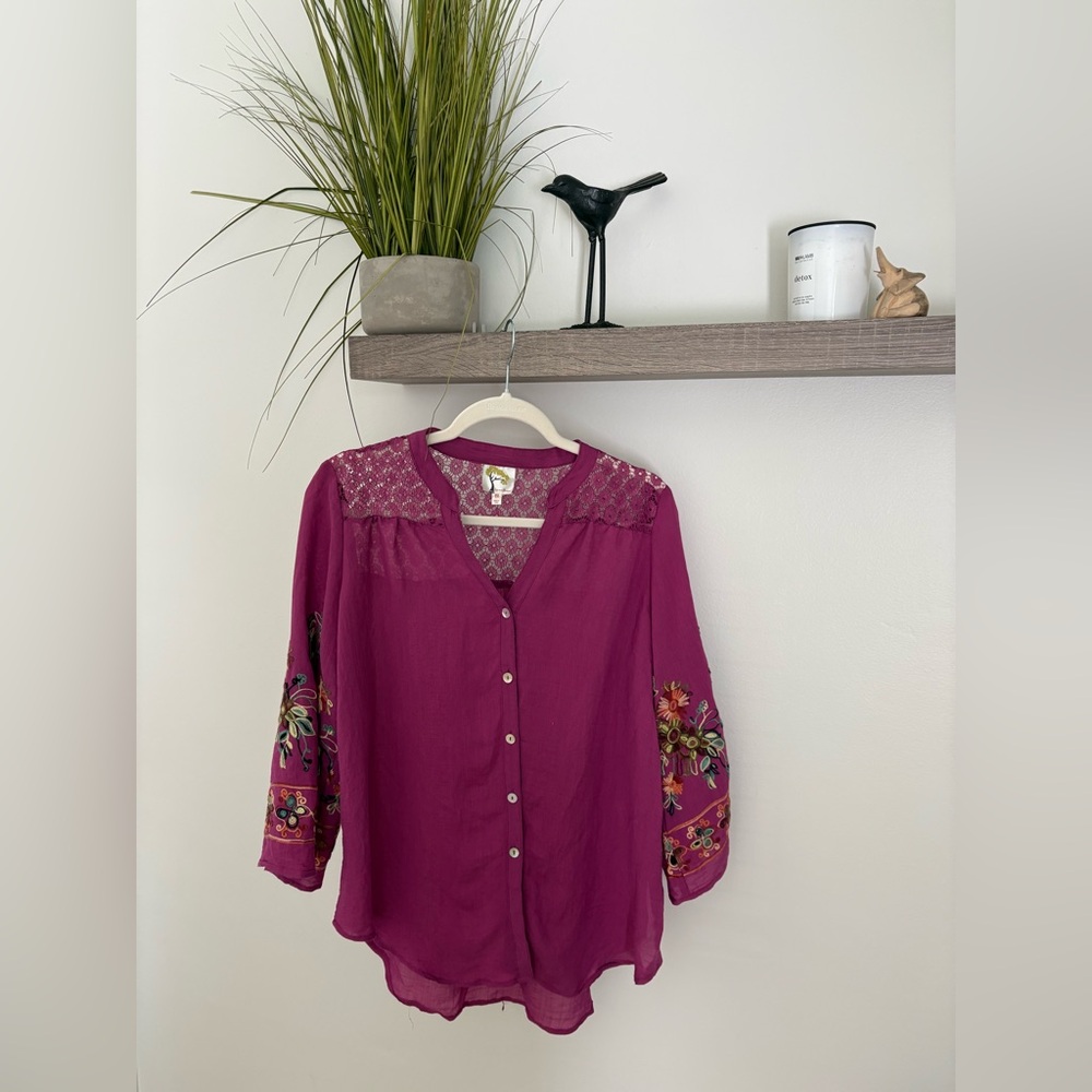 fig and flower Magenta Embroidered Lace Yoke Button-Down Blouse
